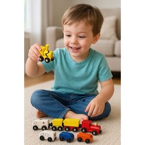 Lot‎ of 7 Wooden Magnetic Train Cars & Vehicles Fits Brio Lillabo Thomas Mixed